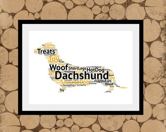 Impresión Dachshund, Arte de palabras Dachshund, Wordle Dachshund, Impresión de perro salchicha, Impresión personalizada de Dachshund, Arte de palabras de perro, Wordle de perro, Impresión de perro.