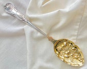 English Silverplate Berry Serving Spoon 9 quot - Kings Pattern - Repousse Gold Washed Bowl