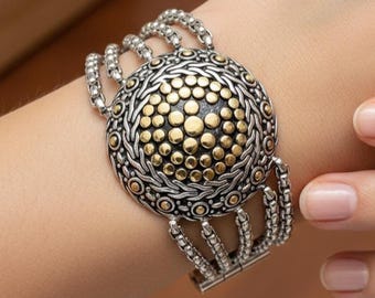 Pulsera de eslabones bicolor de alta gama: bisutería fina, cierre magnético, 61 gramos