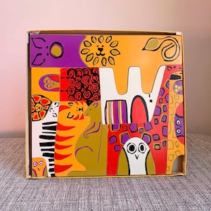 Vintage 1967 University Craftsmen Jungle Puzzle | Wooden Interlocking Animal Blocks | Original Box Psychedelic Pop Art MCM Lion Giraffe Owl