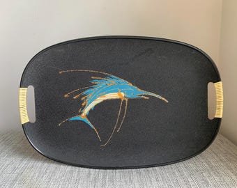 Midcentury Modern Black Serving Tray with Marlin Design – 1960s Japanese Retro Barware, Cocktail & Home Decor