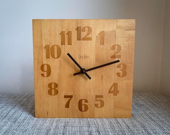 Vintage Linden Square Wood Clock – Butcher Block Style Mid Century Modern Wall or Desk Clock, Tested & Working-Crate and Barrel Style Clock