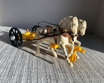 Rare Deluxe Marx 1950s Hitch Horses - Separate Soft Plastic Tack - Vintage Wagon Train Playset Pair-Early Mold Western Toy-Complete Harness