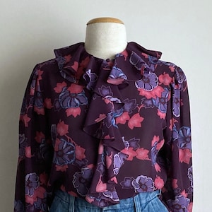 70s ruffle blouse vintage floral top long sleeve burgundy shirt womens 1970s