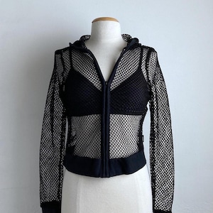 90s black mesh top vintage Y2K fishnet top 1990s sheer long sleeve hooded t-shirt