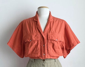 80s camp shirt vintage 80s shirt womens orange boxy top cotton
