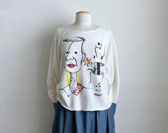 novelty 80s top vintage white sweatshirt hand painted 1980s