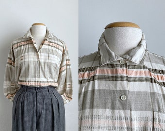 Camisa blanca de rayas de los años 80 para mujer, camisa de algodón de manga larga a cuadros de los 80, cuello alto