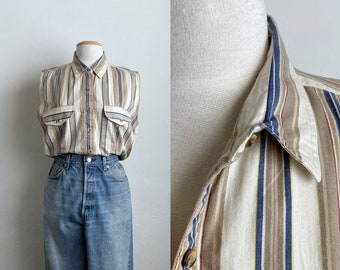 90s sleeveless western shirt vintage 80s striped shirt cotton button up