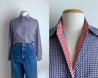 gingham 70s shirt womens check blouse long sleeve 1970s