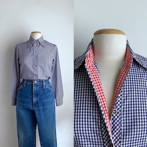 gingham 70s shirt womens check blouse long sleeve 1970s