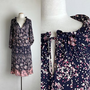70s rayon floral dress vintage two piece skirt set 1930s style navy blue long sleeve tea dress