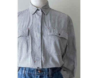 90s hickory stripe shirt vintage long sleeve cotton womens blouse 1990s