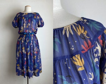 70s floral dress womens chiffon short sleeve blue puff sleeve dress vintage