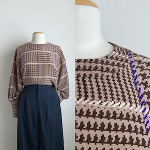 brown 80s blouses vintage long sleeve silk top womens geometric print 1980s round neck tops