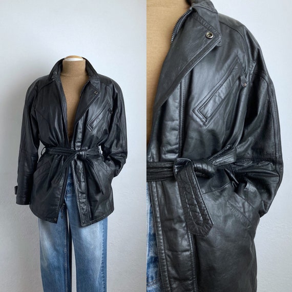 belted black 80s coat vintage leather biker jacket