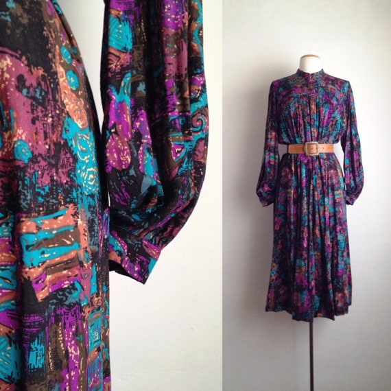 70s long sleeve midi dress abstract print trapeze