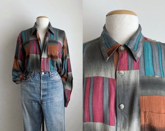80s abstract shirt vintage pierre cardin rayon blouse 1980s