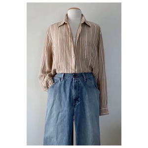 90s linen striped shirt vintage oversized long sleeve shirts mens beige collared