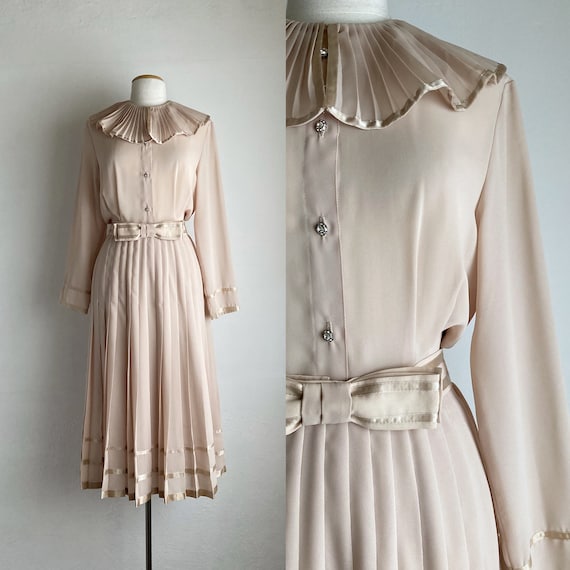 70s ruffle dress vintage beige evening dress with… - image 1