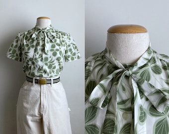 vintage 60s bow blouse novelty shamrock top green and white print shirt
