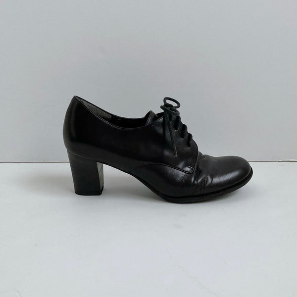 lace up heels 90s oxford heels vintage leather black pumps 7