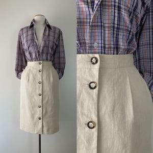 90s pleated pencil skirt vintage button up trouser skirt knee length cream linen 1990s waist size 26 inches