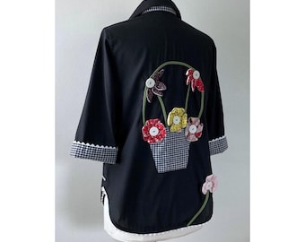 1960s black novelty shirt womens floral appliqué blouse vintage 60s tops gingham
