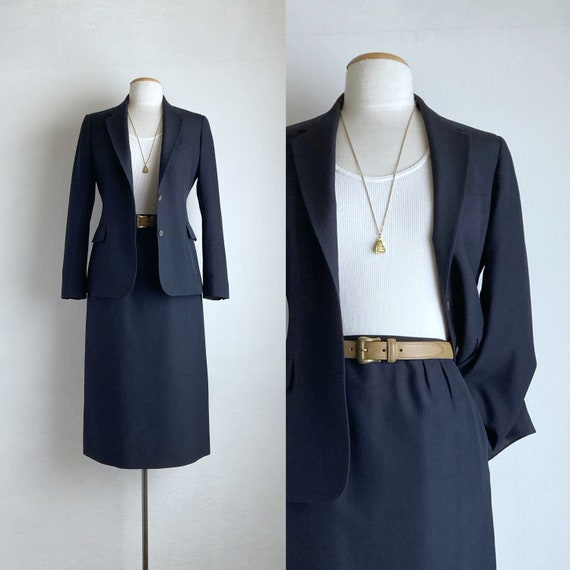 womens 70s suit vintage navy skirt suit 80s fitted