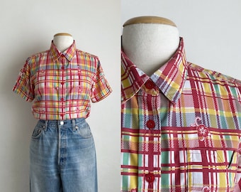 70s plaid shirt vintage camp shirt womens short sleeve