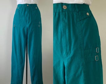 Pantalones rectos de los años 80, estilo vintage de los años 80, color verde, de talle alto, talla de mujer 27-28 pulgadas de cintura.