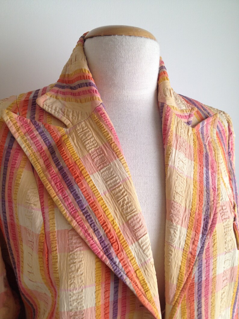 vintage 70s blazer women plaid blazer cotton plaid jacket light weight spring blazer womens 70s clothing seersucker jacket orange