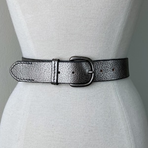 90s metallic belt vintage wide silver belt shiny gray 1990s pewter color