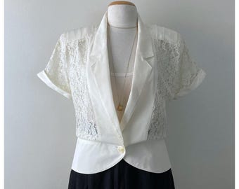 80s ivory lace top vintage collared cream blouse womens 1980s short sleeve blazer