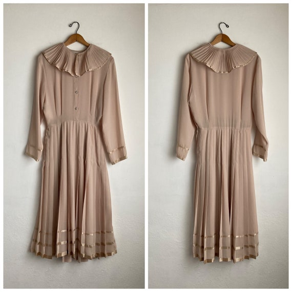 70s ruffle dress vintage beige evening dress with… - image 4