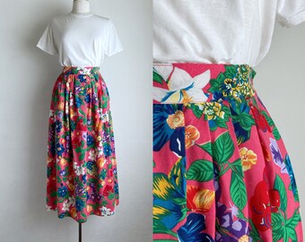 long floral skirt vintage full skirt with pockets midi length rayon pink floral