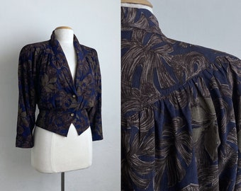 floral 80s jacket vintage cropped jacket dark blue 1980s