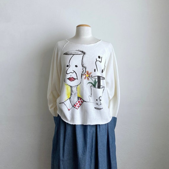 novelty 80s top vintage white sweatshirt hand pai… - image 1