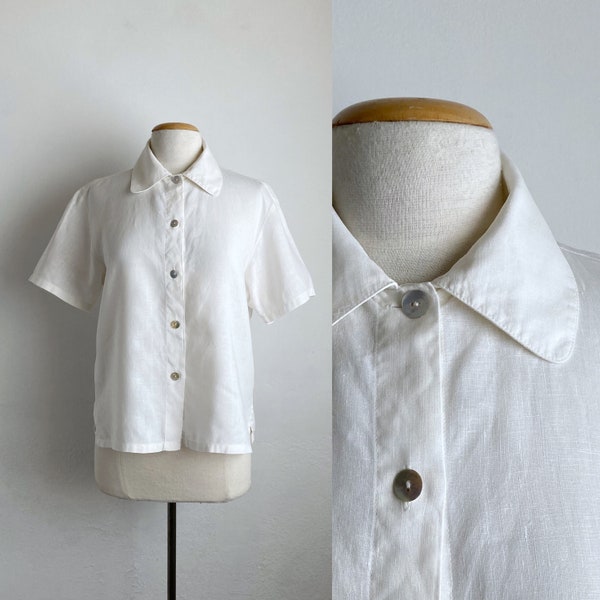 white linen shirt womens peter pan collar blouse vintage 90s