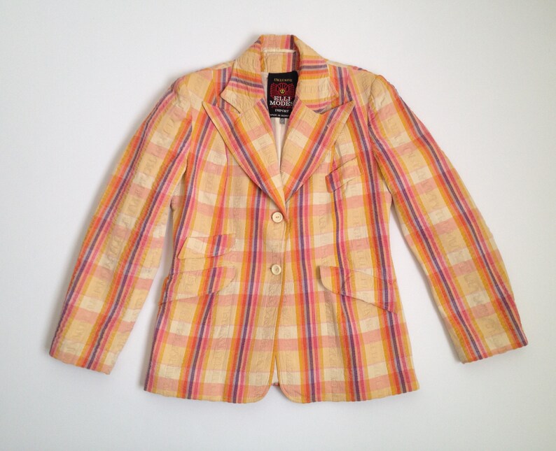 vintage 70s blazer women plaid blazer cotton plaid jacket light weight spring blazer womens 70s clothing seersucker jacket orange