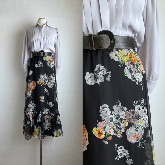 floral 70s maxi skirt vintage 70s skirt long black