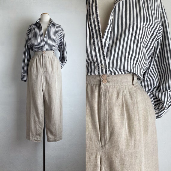 linen 80s pants womens pleated natural linen pants
