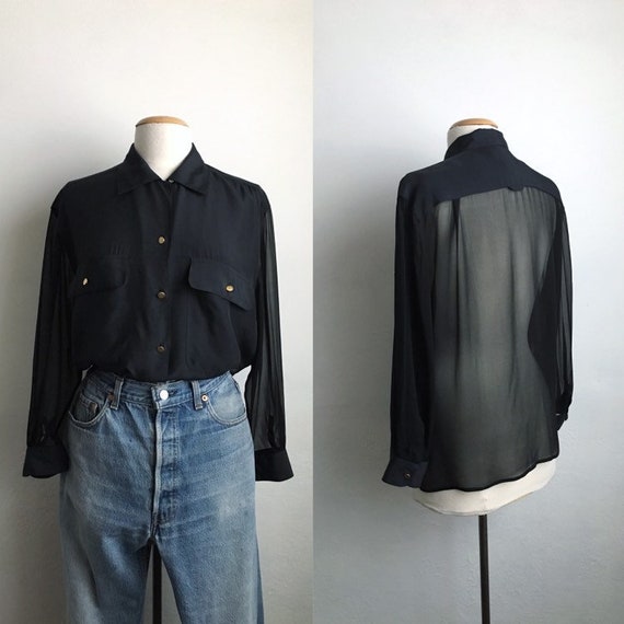 black 80s blouse long sleeve 1980s shirt vintage s