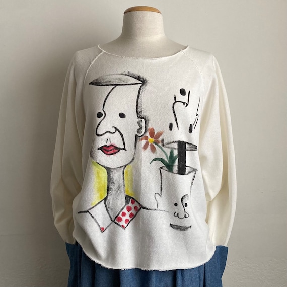 novelty 80s top vintage white sweatshirt hand pai… - image 2