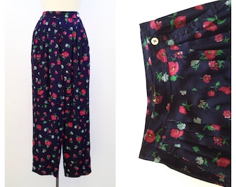 vintage floral pants high waisted pants rayon print pants small baggy highwaisted vintage trousers