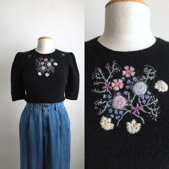 80s black floral sweater vintage puff sleeve top w