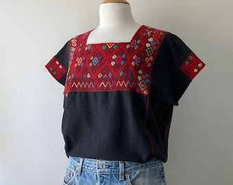 vintage black cotton huipil top sleeveless boho blouses embroidered loose fit tops