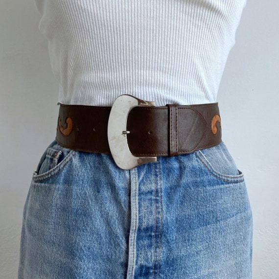 80s wide brown belt vintage silver buckle thick wa
