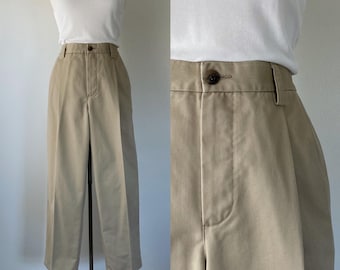 khaki pleated pants vintage 90s trousers cotton twill size 34 inch waist