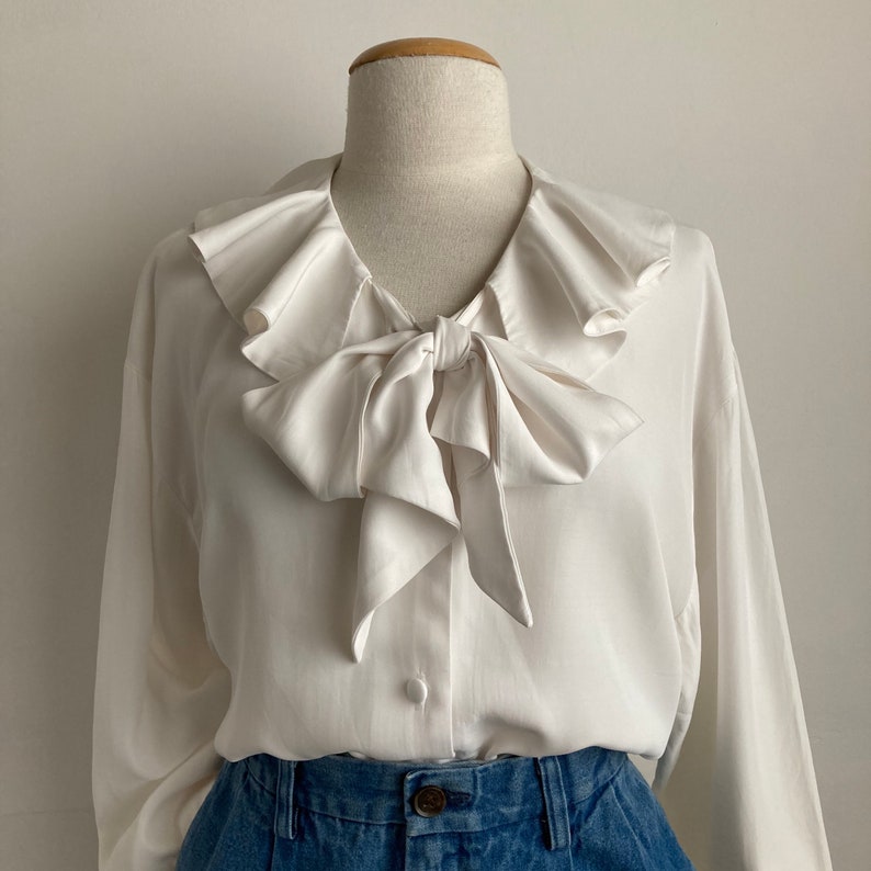 White ruffle 80s blouse vintage poet blouse white long sleeve | Etsy
